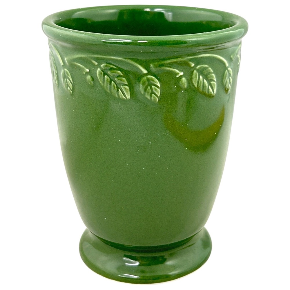 Longaberger AT HOME GARDEN VASE Green Ceramic Leaf Embossed Footed 5" - Picture 2 of 7